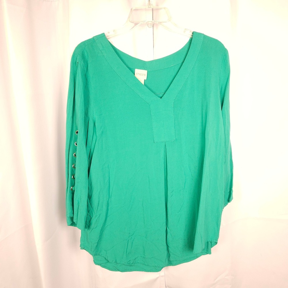 Chico's Green Viscose V-Neck Slit 3/4‎ Sleeve Flowy Top Women's 2 US 12